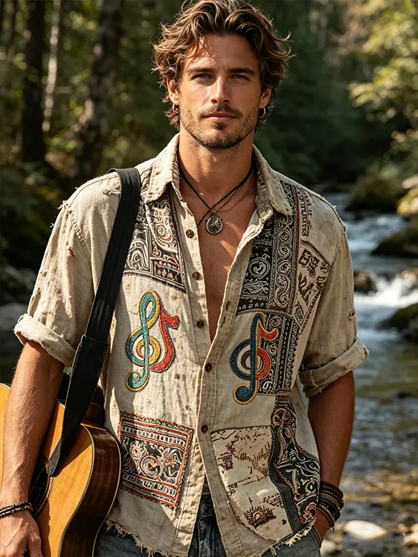 Men's Boho Music Note Patchwork Print Long Sleeve Shirt