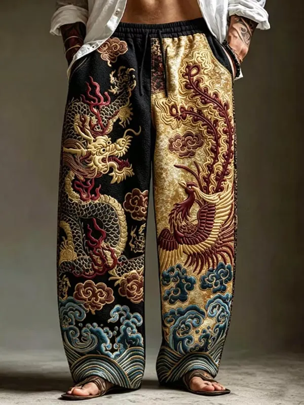 Men's Dragon Phoenix Cloud Wave Print Casual Pants