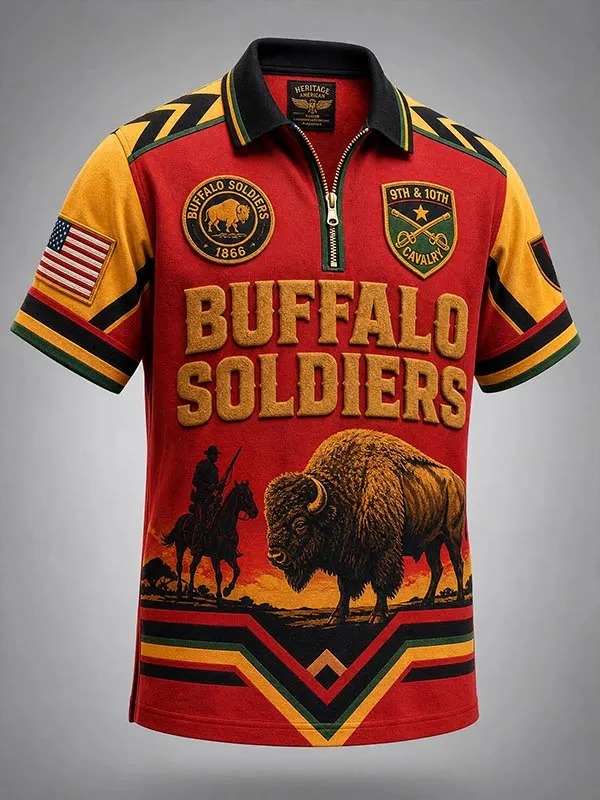 Men's Buffalo Soldiers 9th & 10th Cavalry Patch Art Print Half Zip Polo Shirt