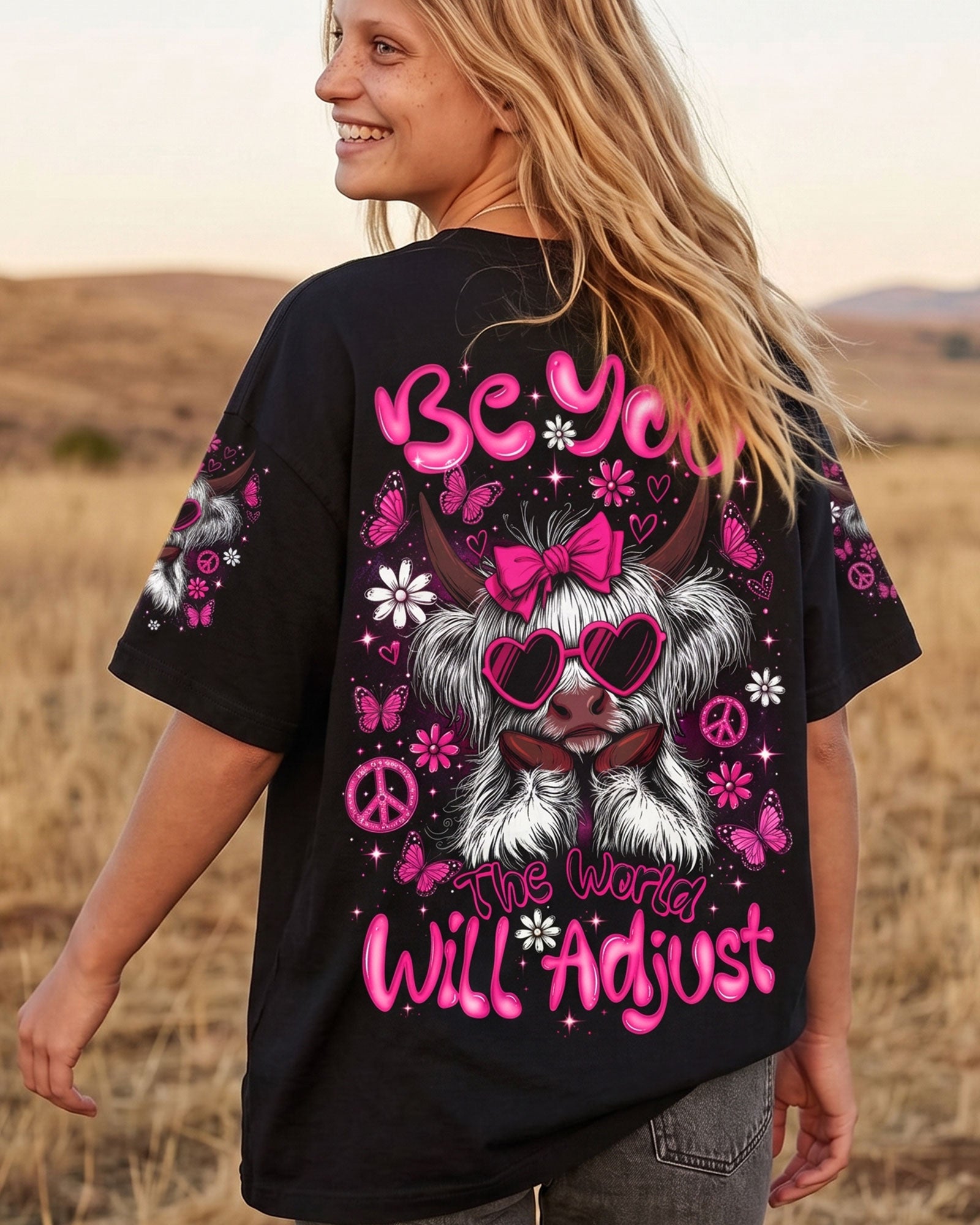 BE YOU THE WORLD WILL ADJUST HIGHLAND COW ALL OVER PRINT  - TLTW2207261