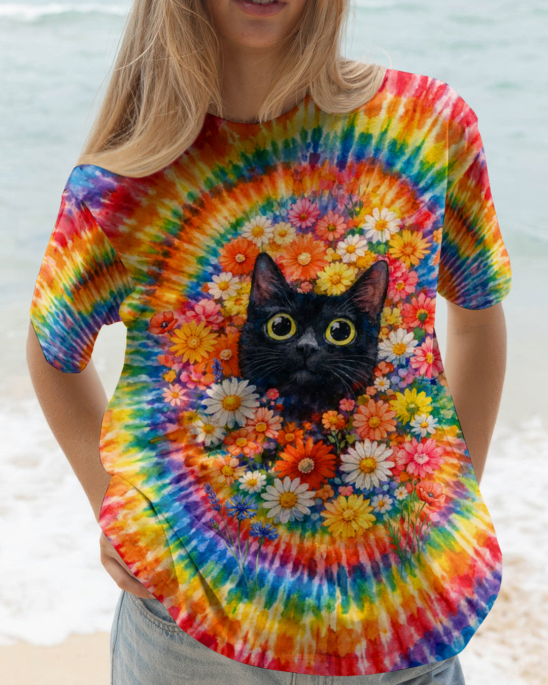 BLACK CAT WITH FLORAL SWIRL ALL OVER PRINT - TLHN0403262