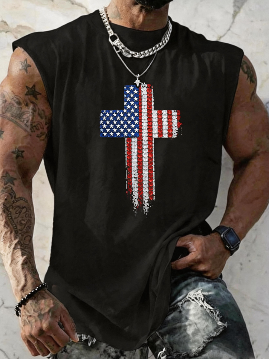 4th of July Faith Cross Tank Top - Patriotic American Men's Summer Tee