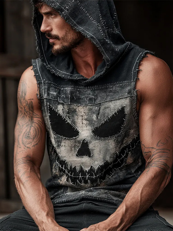 Men's Skeleton Ghost Face Print Hooded Tank Top