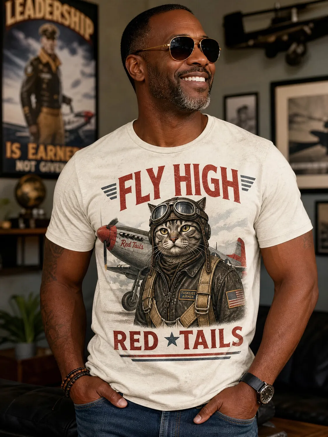 Men's Vintage Pilot Cat Print Casual T-Shirt
