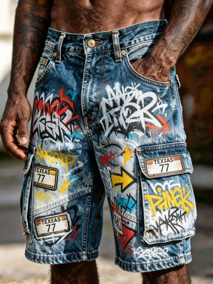 Men's Graffiti Texas License Plate Art Print Casual Shorts