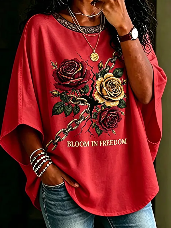 Women's Bloom In Freedom Flowers And Chains Print Casual T-Shirt