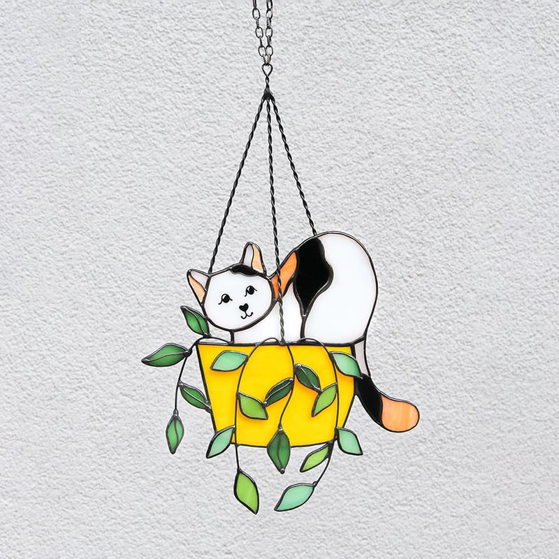 🔥LAST DAY 49% OFF-Cat in a flowerpot Suncatcher Stained Glass Window Hangins😽