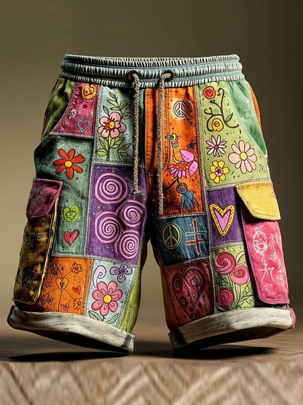 Men's Hippie Love and Peace Boho Flowers Print Drawstring Cargo Shorts