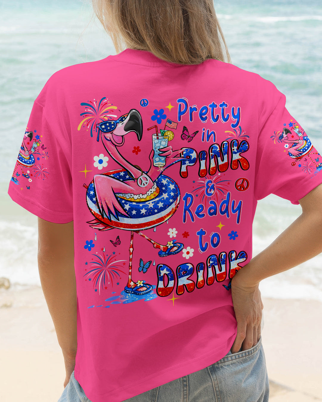 PRETTY IN PINK FLAMINGO RED WHITE & BLUE ALL OVER PRINT  - TLHN2503263