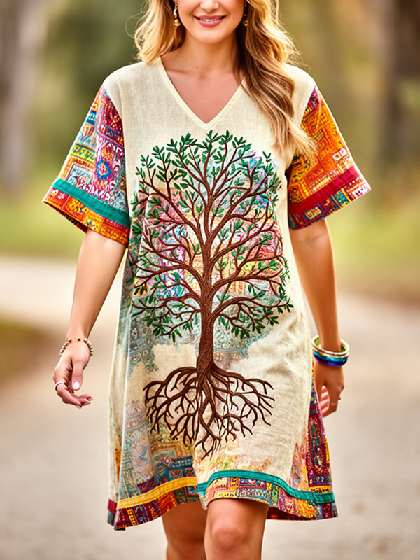 Women's Tree of Life Boho Pattern V Neck Short Sleeve Midi Dress