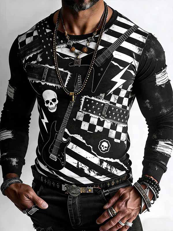 Men's Punk Rock Electric Guitar Skull Print Long Sleeve T-Shirt