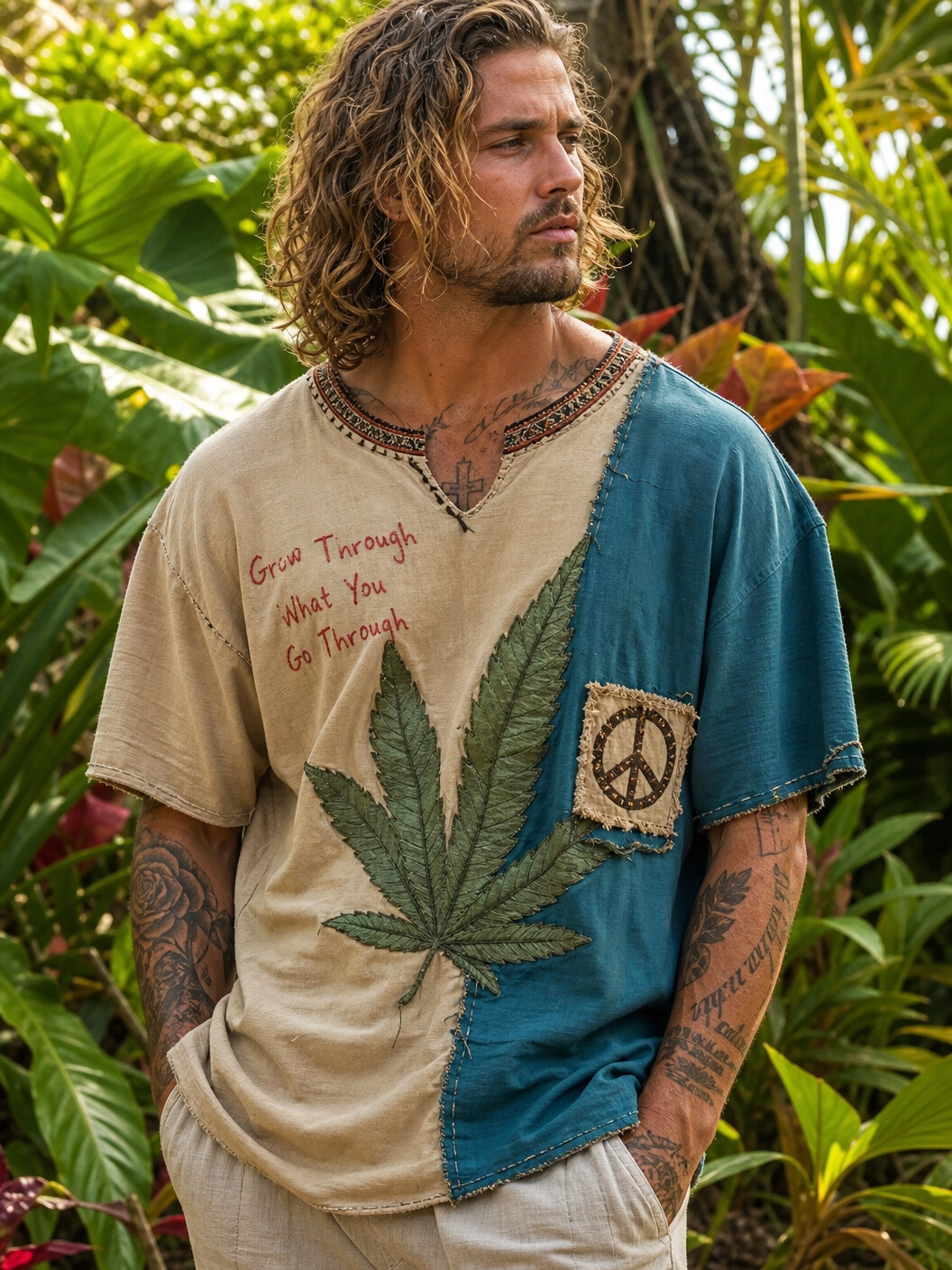Men's Hippie Peace And Cannabis Leaf Patchwork Colorblock Art Print V Neck T-Shirt