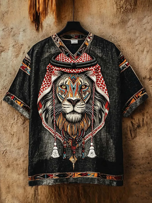 Men's Retro Tribal Lion Print Casual V Neck T-Shirt