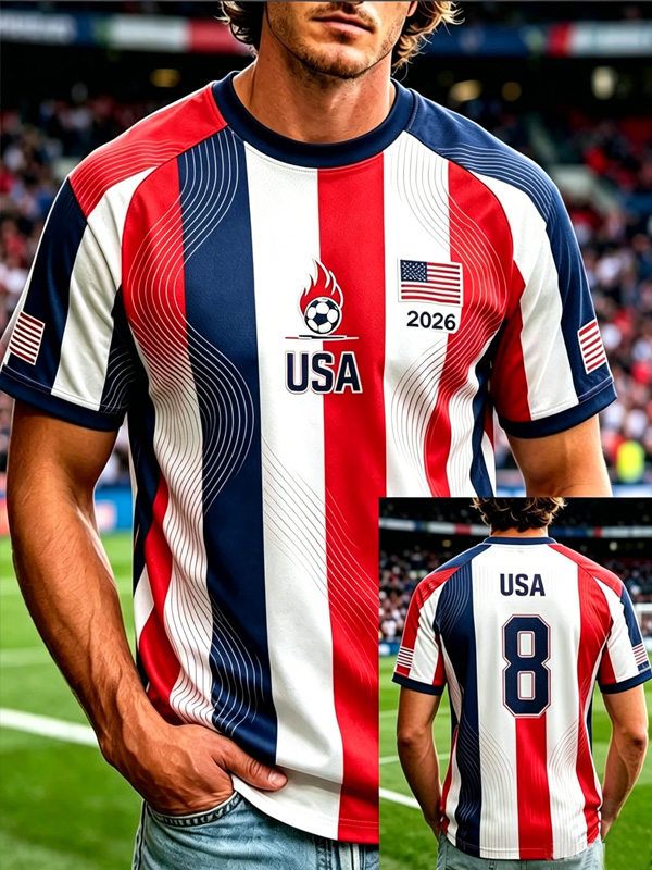 Men's 2026 USA Vertical Stripe American Flag Soccer Art Print T-Shirt