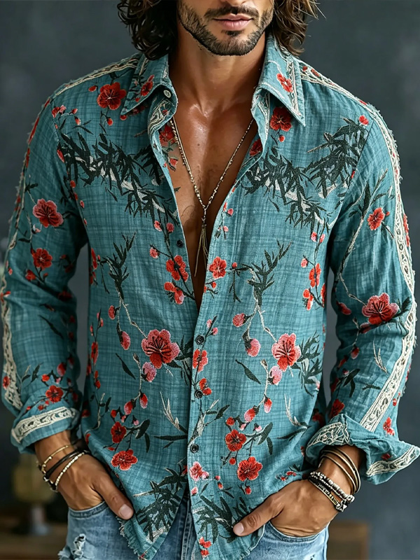 Men's Vintage Floral & Bamboo Art Print Long Sleeve Shirt