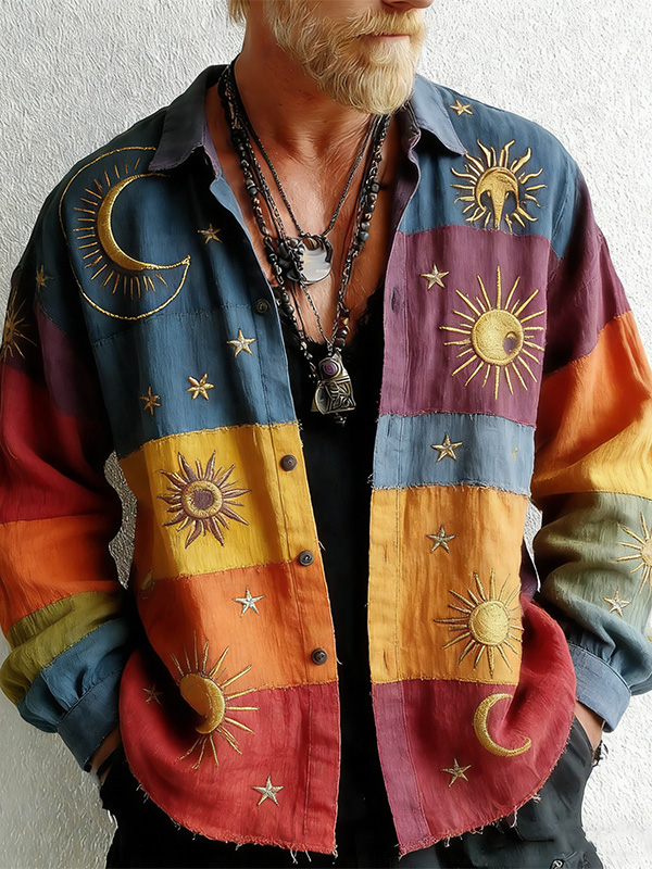 Men's Boho Color Block Sun Moon Star Art Print Long Sleeve Shirt