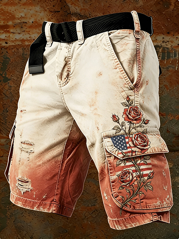 Men's Independence Day Gradient Floral American Flag Print Denim-Like Casual Shorts