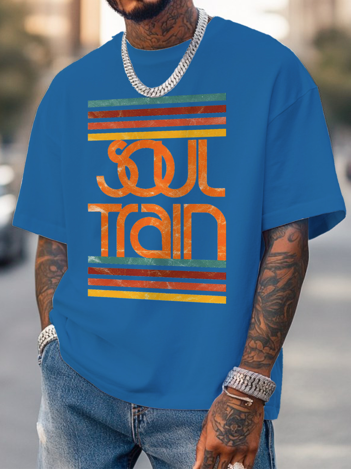 Men's Soul Train Striped Print Cotton Casual T-Shirt