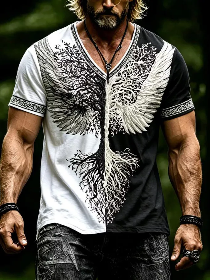 Men's Color Block Patchwork Viking Tree Of Life Art Print V Neck T-Shirt