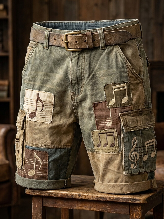 Men's Retro Musical Notes Colorblock Print Cargo Shorts