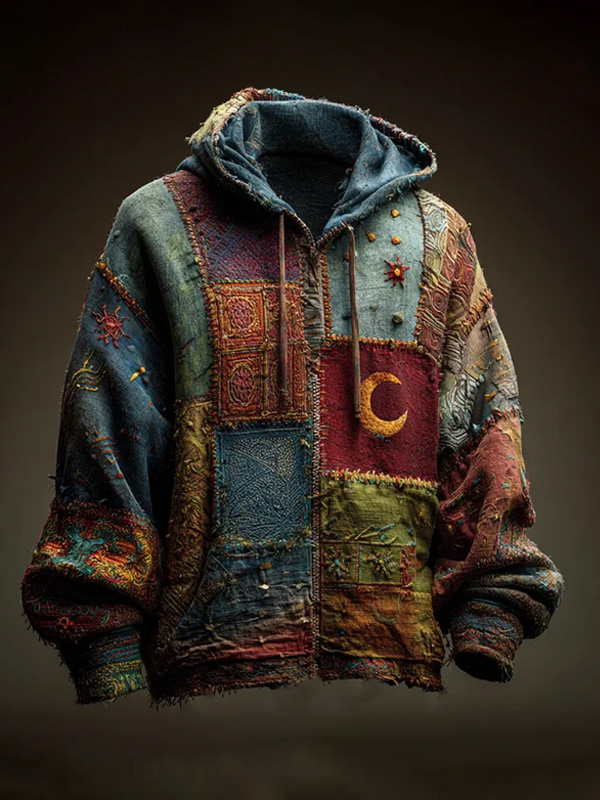 Men's Colorblock Hippie Art Mysterious Sun Moon Print Hooded Zip Up Jacket