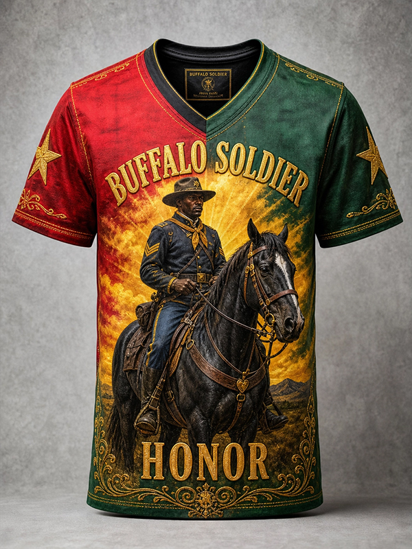 Men's Color Block Buffalo Soldier Horse Print V Neck T-Shirt