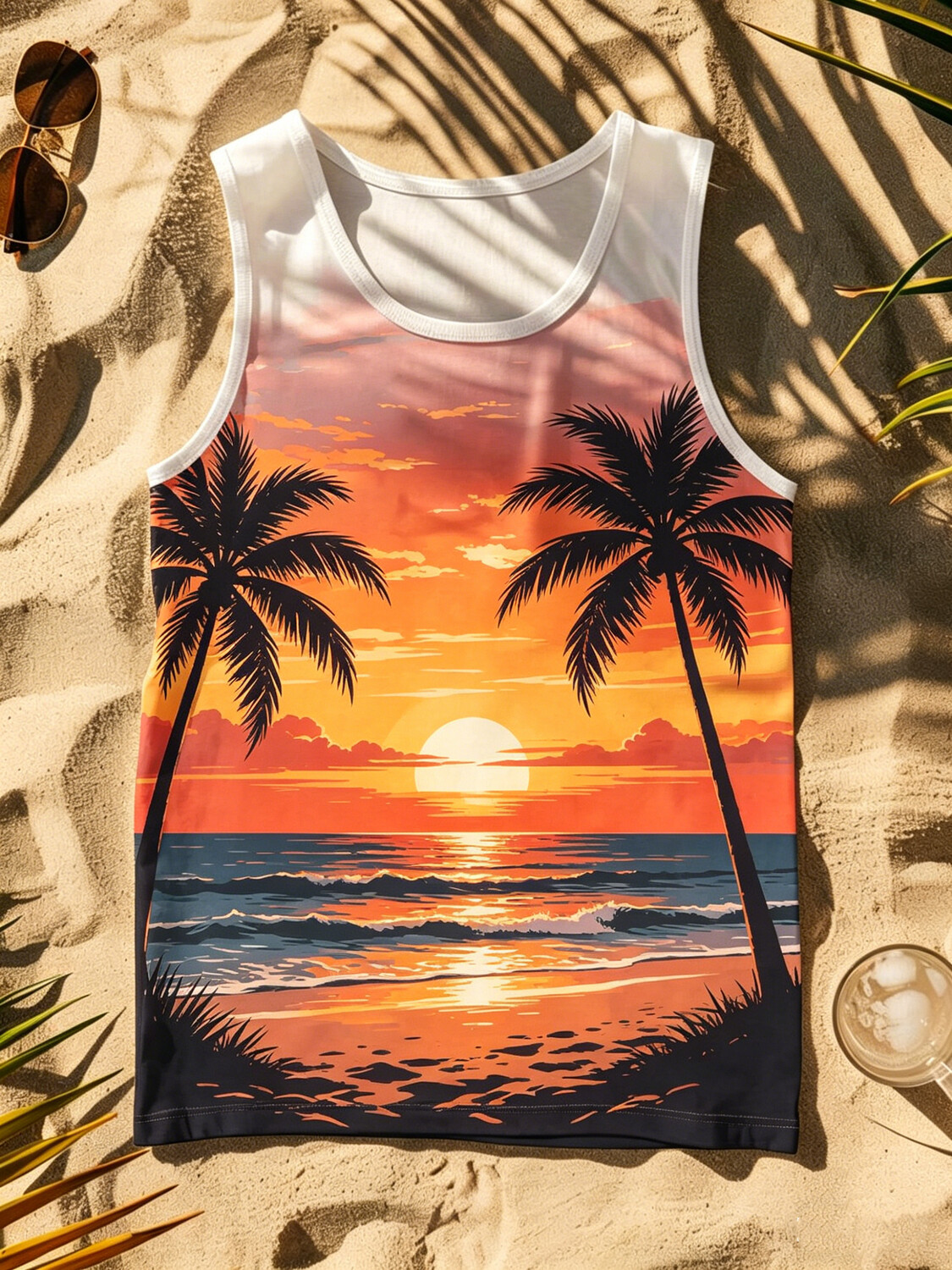 Men's Sunset Palm Tree Beach Art Print Tank Top