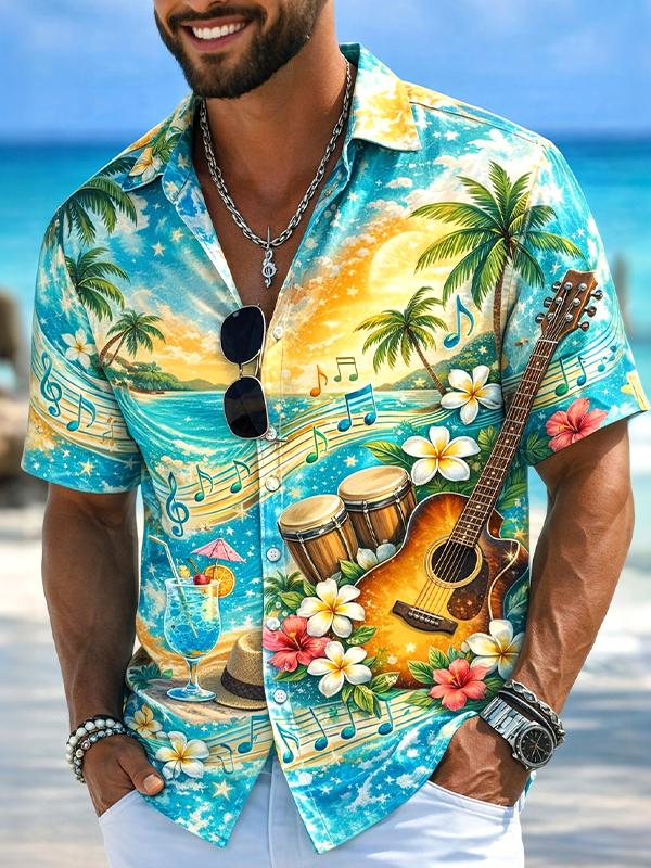 Men's Hawaiian-Style Vacation Music Notes And Guitar Art Print Shirt