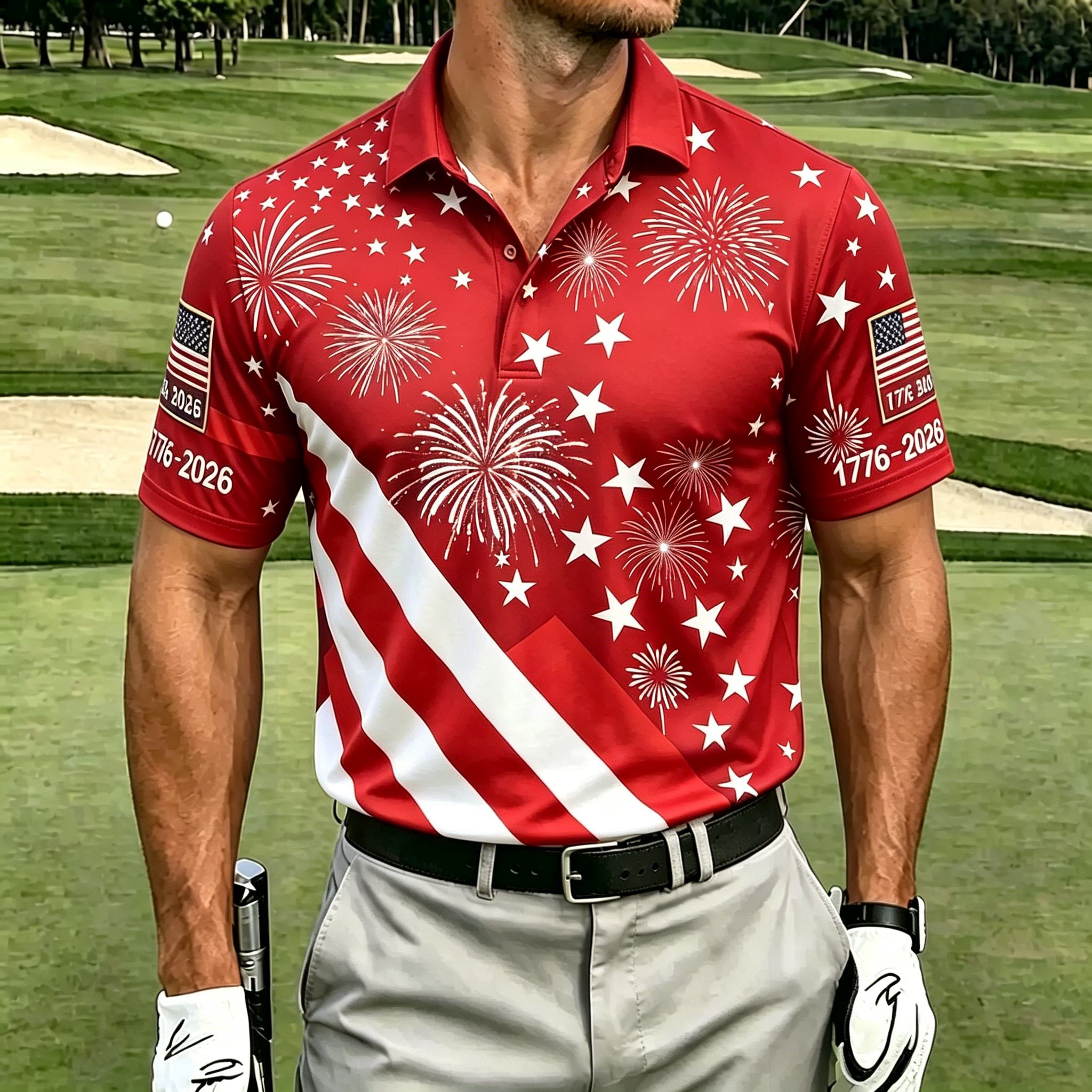 USA Patriotic Fireworks & Flag Print Polo Shirt - All-American Casual Golf Top