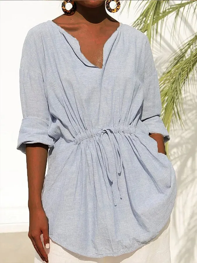 Women's solid color cotton and linen lace-up shirt