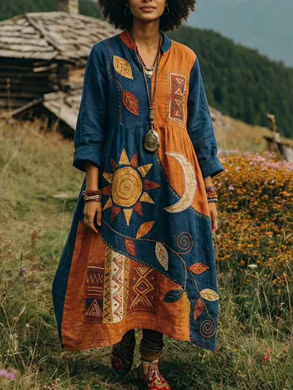 Women's Hippie Style Sun Moon Print V Neck Long Sleeve Midi Dress