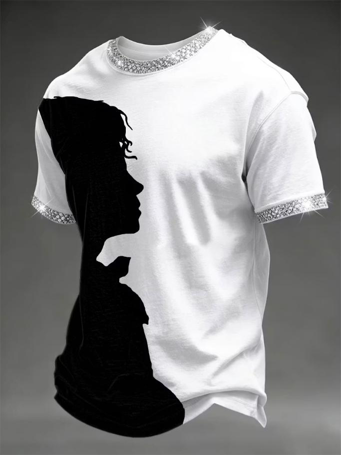 Men's Black Woman Silhouette Rhinestone Trim Colorblock Print T-Shirt
