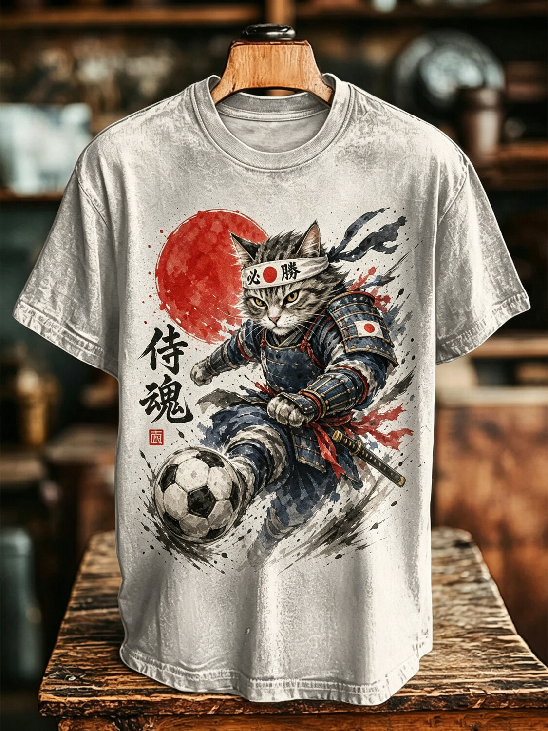 Men's Ink-Wash Japanese Samurai Cat Soccer Themed Print Casual T-Shirt