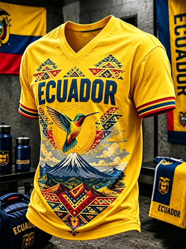 Men's Ecuador Country Hummingbird Ethnic Geometric Print V Neck T-Shirt