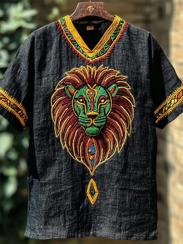 Men's African Tribal Lion Graphic Print Casual V Neck T-Shirt
