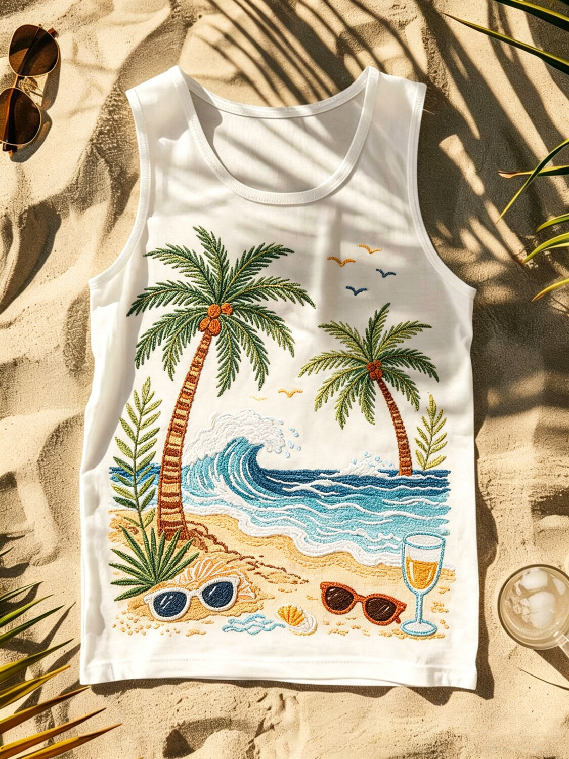 Men's Palm Tree Beach Scene Art Print Tank Top