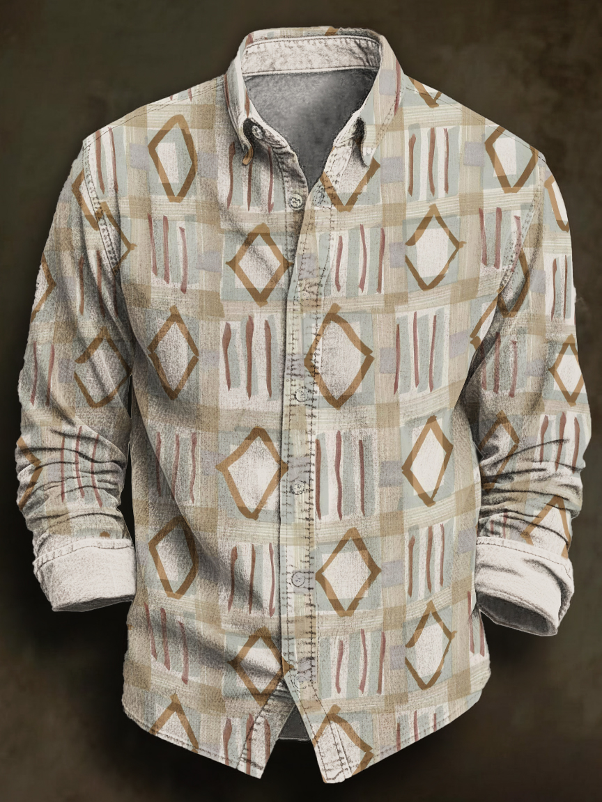Men's Geometric Diamond Plaid Art Print Long Sleeve Shirt