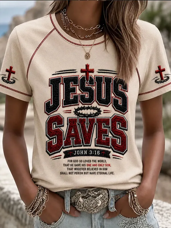 Women's Jesus Saves Christian Faith Print Casual T-Shirt
