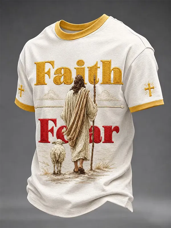 Men's Retro Jesus Faith Over Fear Print T-Shirt