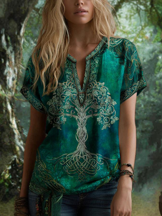 Women's Viking Tree Print V Neck T-Shirt