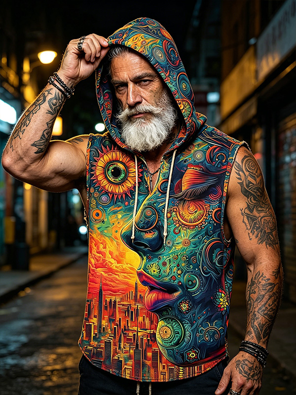 Men's Hippie Style Art Painting Print Vacation Hooded Tank Top