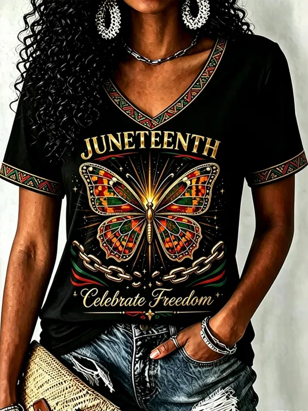 Women's Juneteenth Celebrate Freedom Butterfly Print Casual V Neck T-Shirt