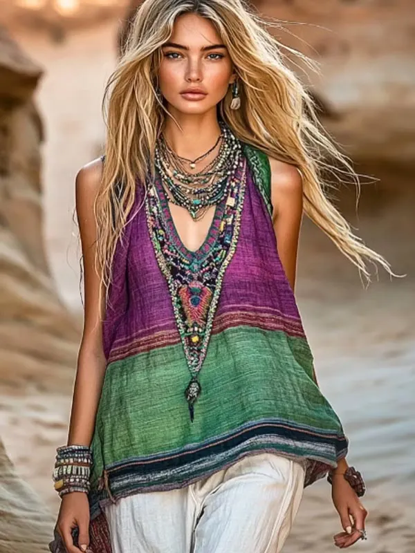 Women's Color Block Ethnic Print Casual V Neck Tank Top