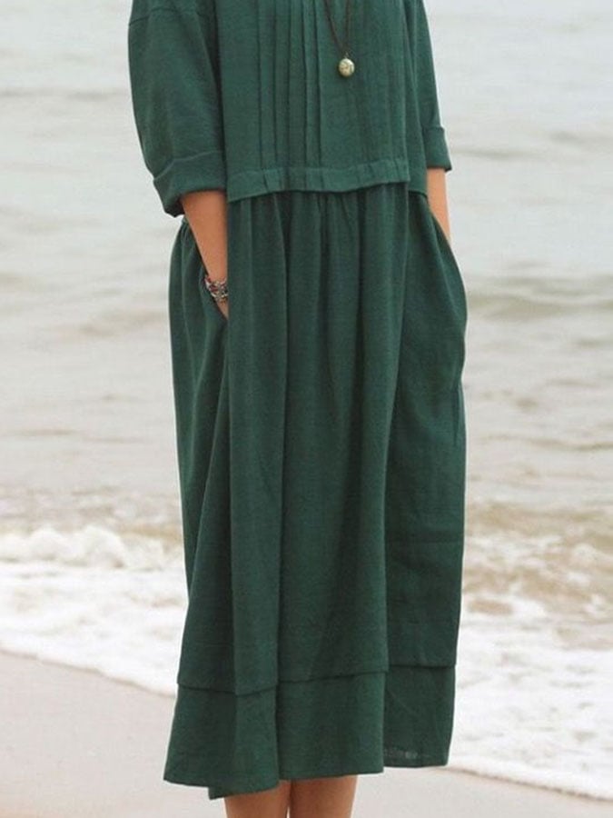 Women's Casual Solid Color Round Sleeve Shirred Dress