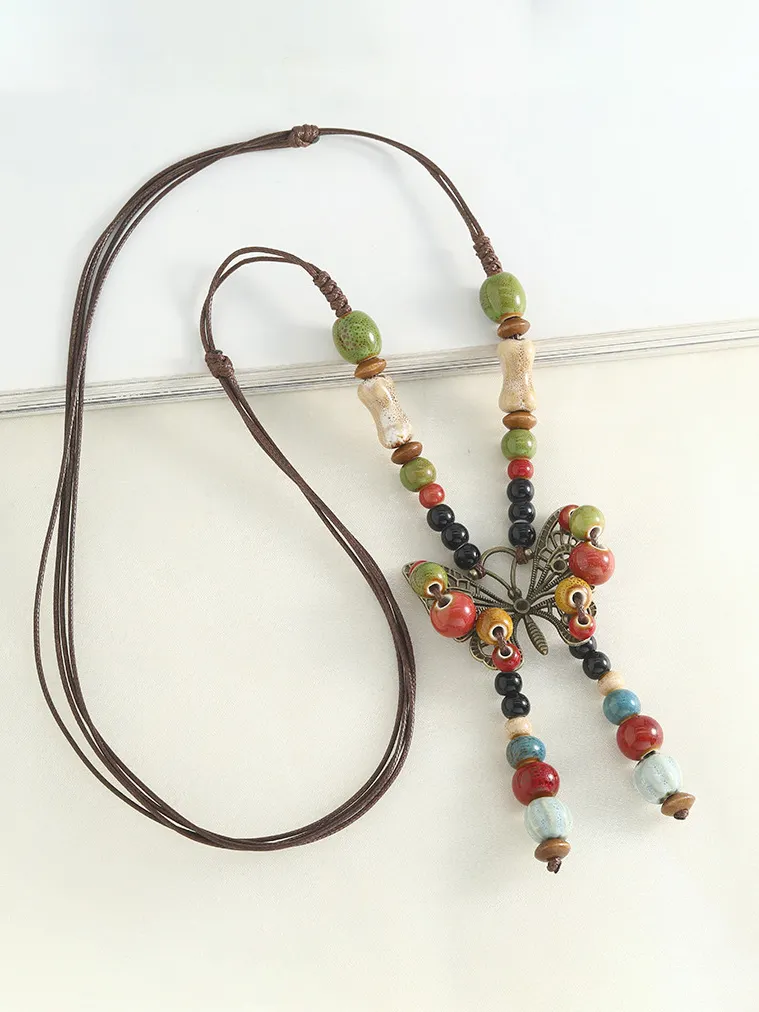 Retro Multicolor Ceramic Beaded Butterfly Pendant Braided Rope Long Necklace