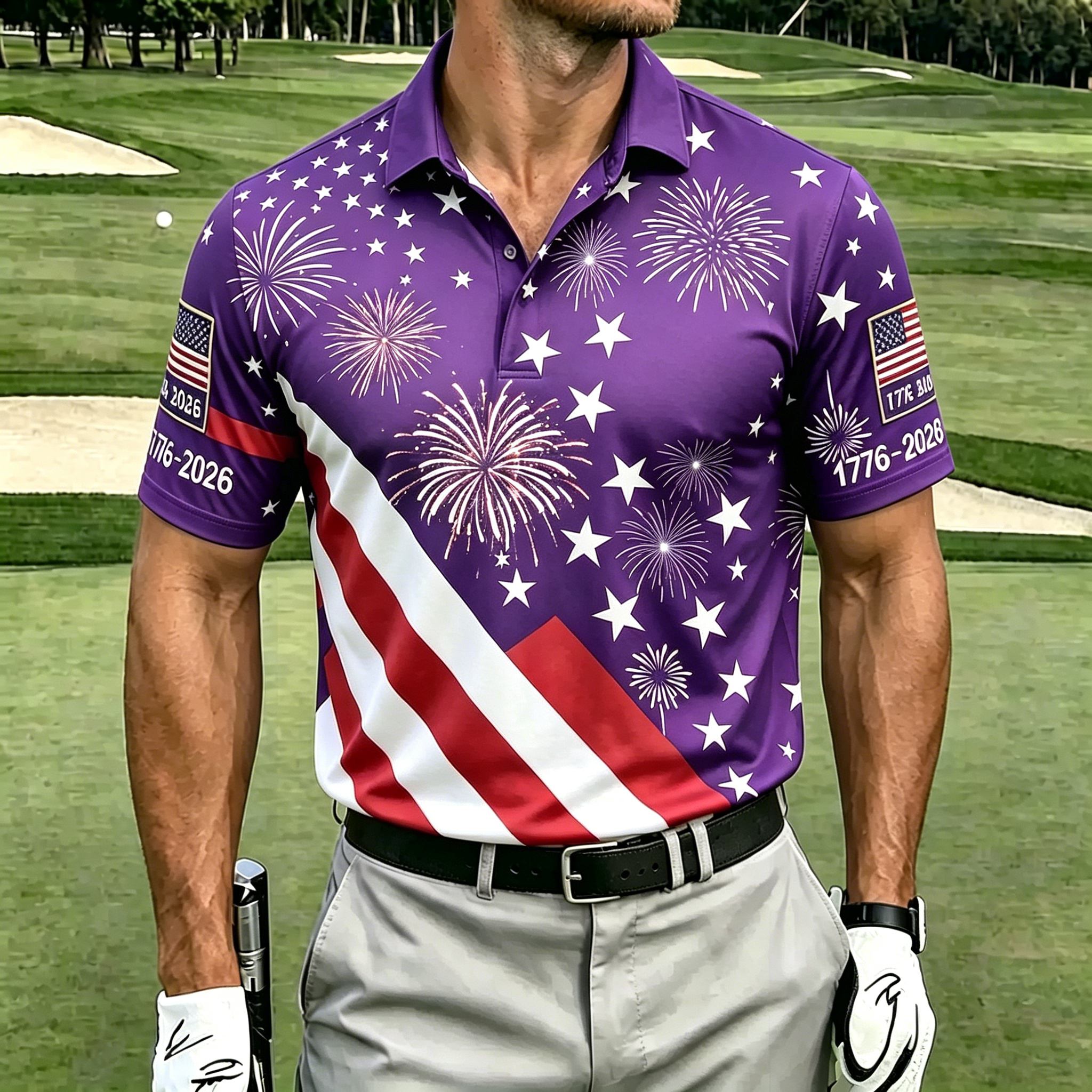USA Patriotic Fireworks & Flag Print Polo Shirt - All-American Casual Golf Top