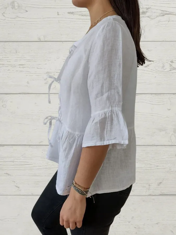 Women's Casual Solid Color Bow Tie Mid Sleeve Shirt