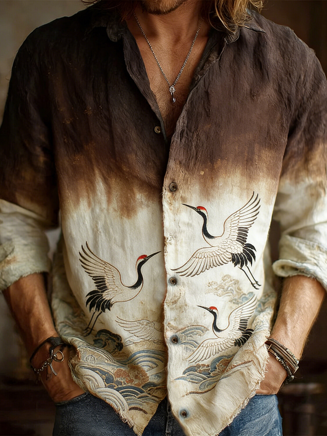 Men's Retro Red-Crowned Crane Ombre Print Long Sleeve Shirt