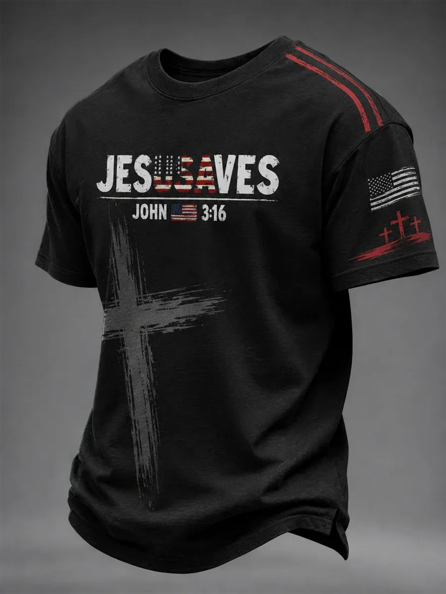 Men's Jesus Saves John 3:16 American Flag Cross Art Print T-Shirt