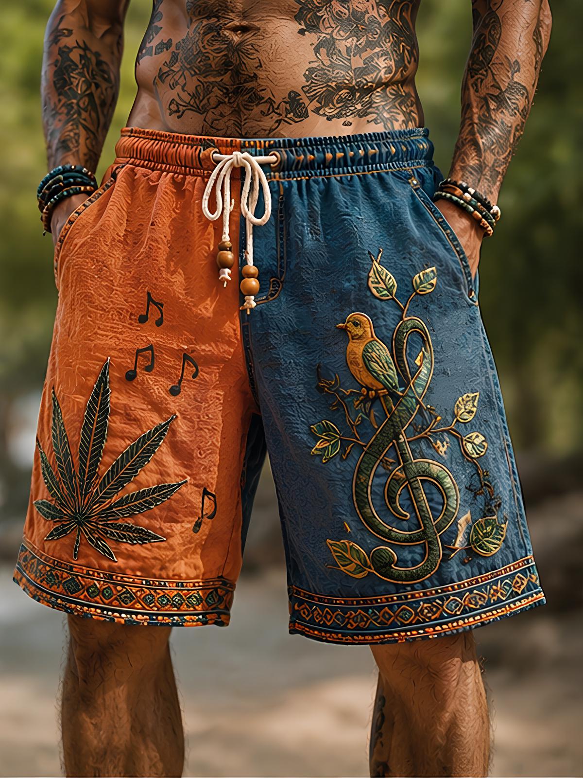 Men's Retro Folk Art Bird Leaf Musical Note Print Casual Shorts